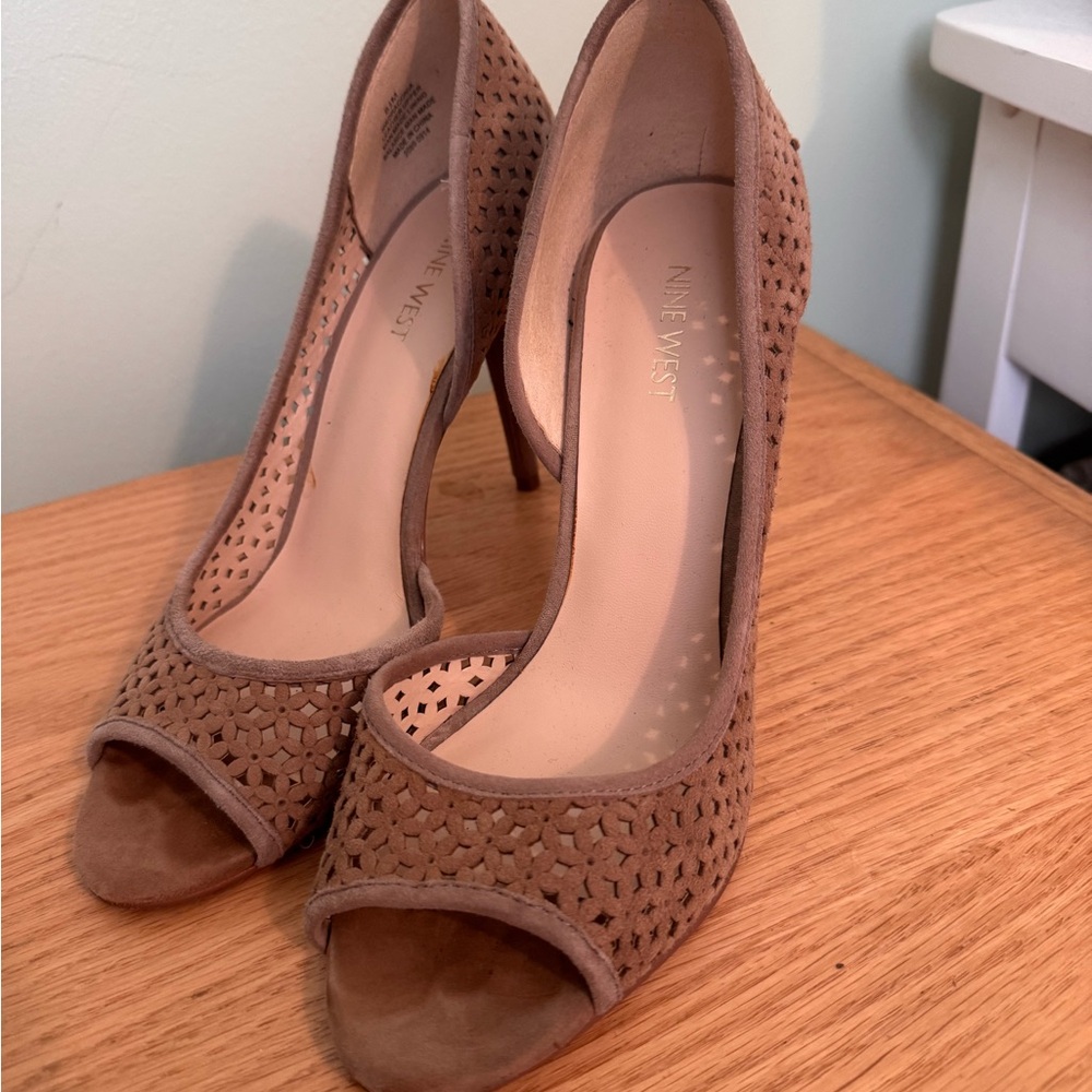 Nine West Brown Heels with Peep-Toe Design and Intricate Perforated Pattern